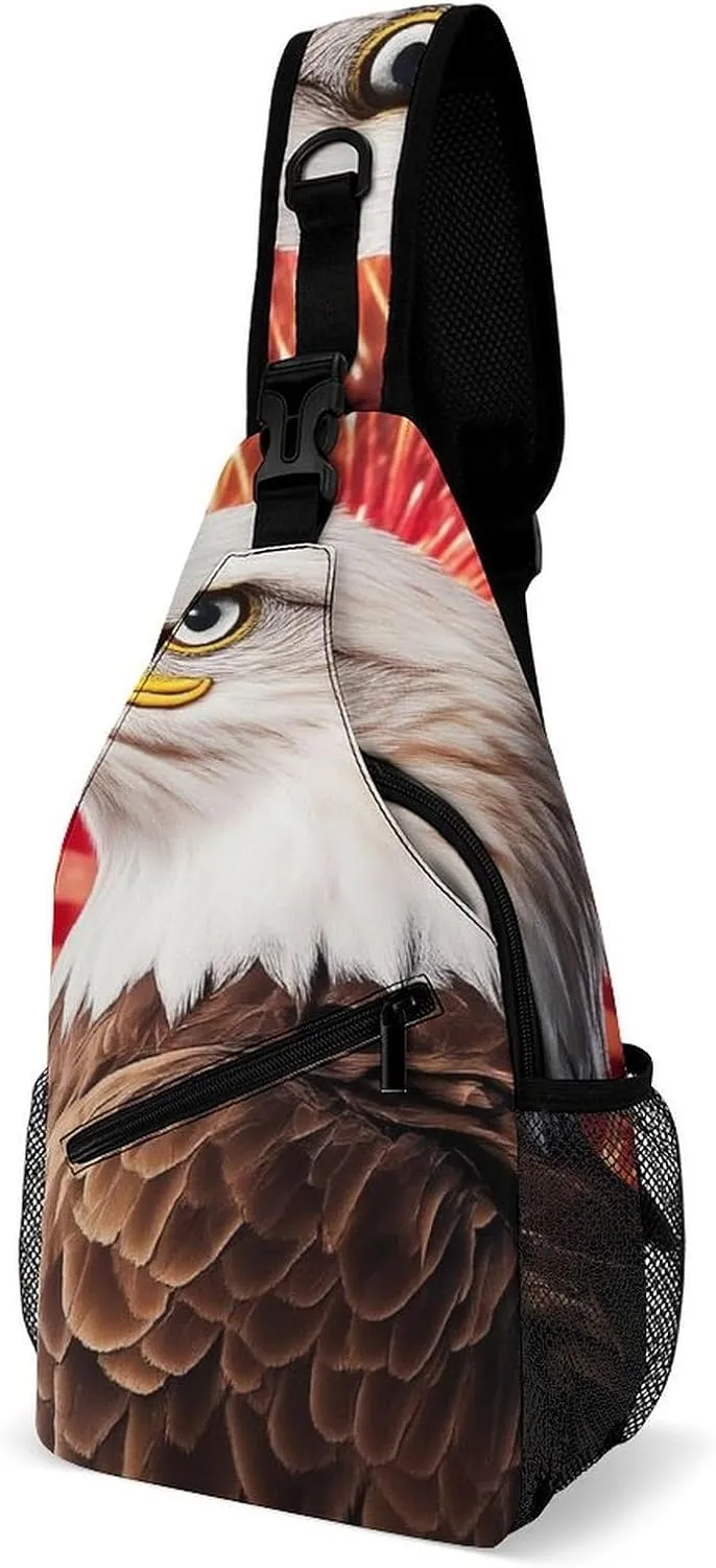 Supdreamc Sling Shoulder Backpack for Women Men Multipurpose Anti-Theft Casual Carrying Tote Case Crossbody Travel Bag Tactical Satchel, Bald Eagle American Flag Fireworks Art Rucksack