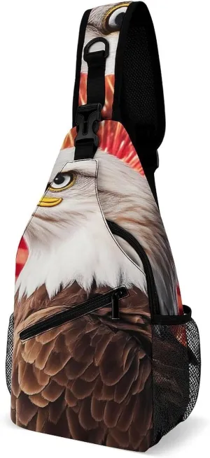 Supdreamc Sling Shoulder Backpack for Women Men Multipurpose Anti-Theft Casual Carrying Tote Case Crossbody Travel Bag Tactical Satchel, Bald Eagle American Flag Fireworks Art Rucksack