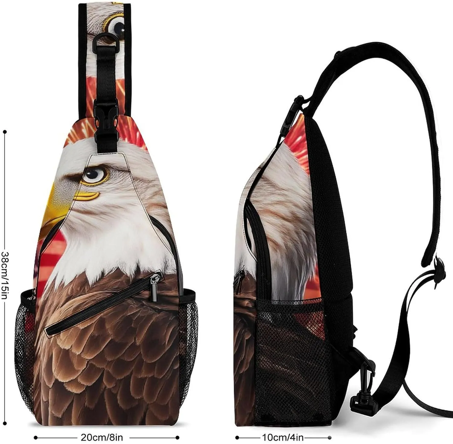 Supdreamc Sling Shoulder Backpack for Women Men Multipurpose Anti-Theft Casual Carrying Tote Case Crossbody Travel Bag Tactical Satchel, Bald Eagle American Flag Fireworks Art Rucksack