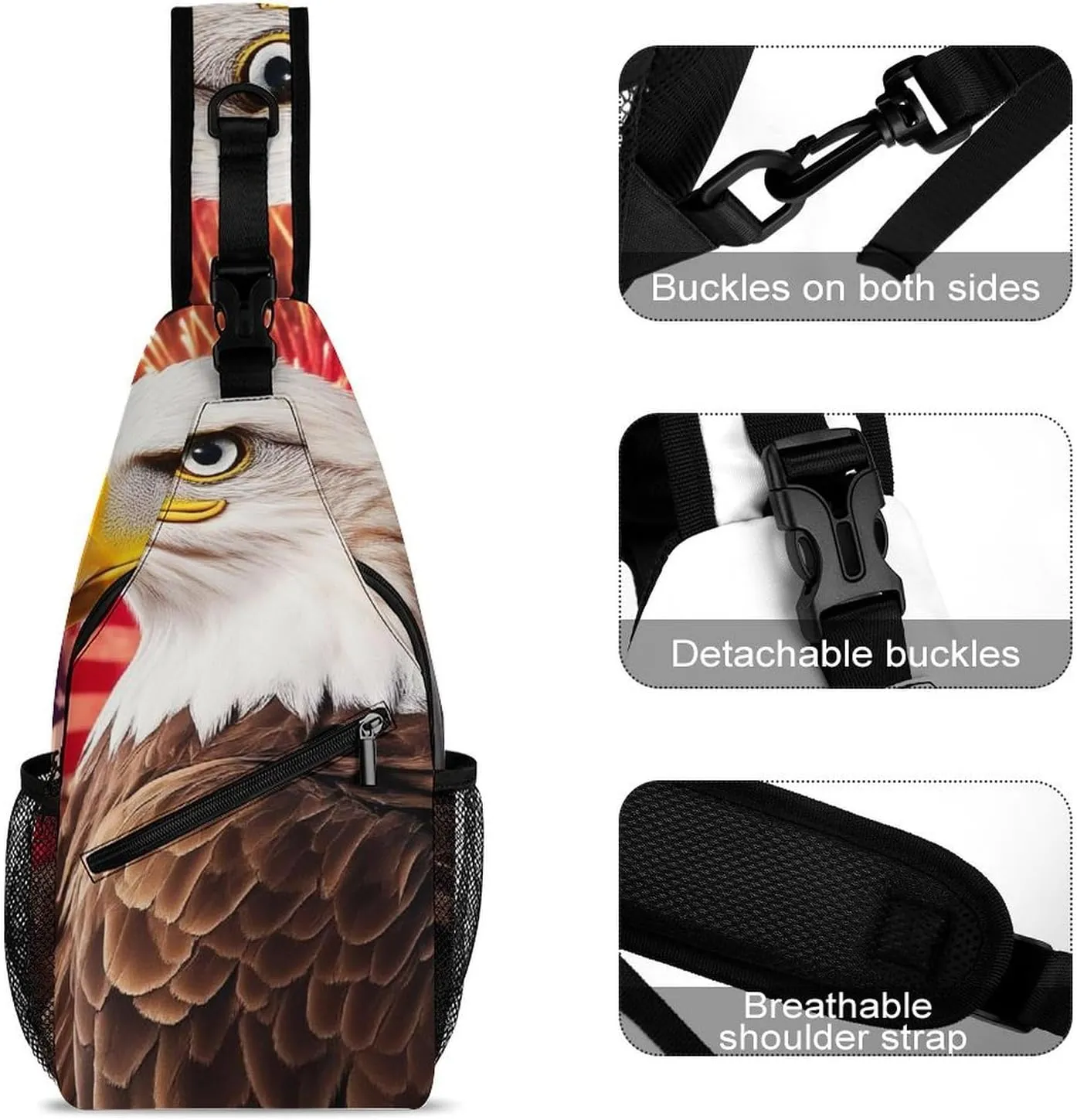 Supdreamc Sling Shoulder Backpack for Women Men Multipurpose Anti-Theft Casual Carrying Tote Case Crossbody Travel Bag Tactical Satchel, Bald Eagle American Flag Fireworks Art Rucksack
