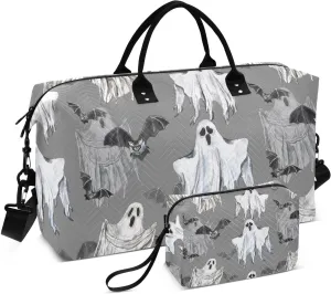 susiyo Travel Duffel Bags Creepy Halloween Ghosts Quilted Gym Bag Weekender Overnight Bags with Small Makeup Pouch