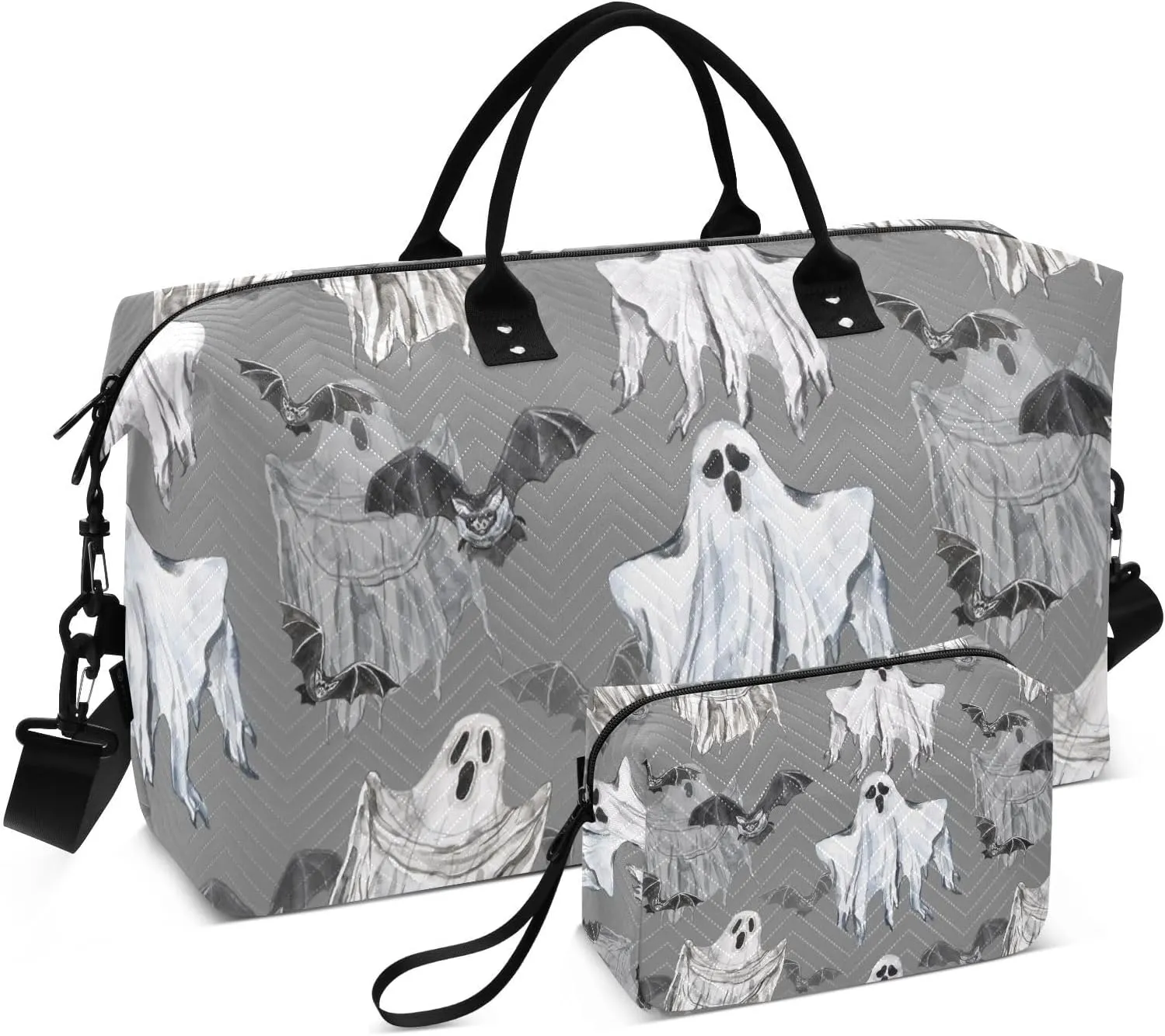susiyo Travel Duffel Bags Creepy Halloween Ghosts Quilted Gym Bag Weekender Overnight Bags with Small Makeup Pouch