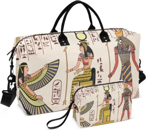 susiyo Travel Duffel Bags Egyptian National Drawing Gods Hieroglyphs Quilted Gym Bag Weekender Overnight Bags with Small Makeup Pouch