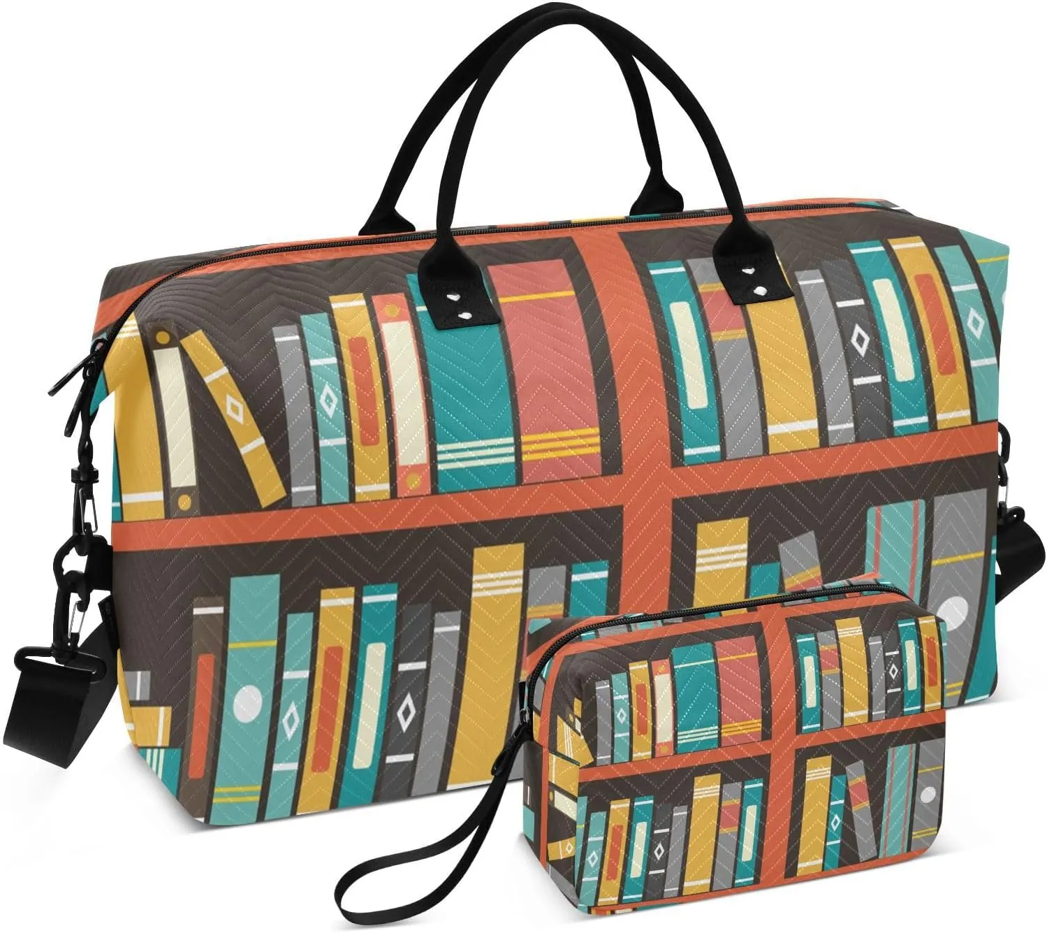 susiyo Travel Duffel Bags Retro Vintage Library Bookshelf Quilted Gym Bag Weekender Overnight Bags with Small Makeup Pouch