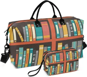 susiyo Travel Duffel Bags Retro Vintage Library Bookshelf Quilted Gym Bag Weekender Overnight Bags with Small Makeup Pouch
