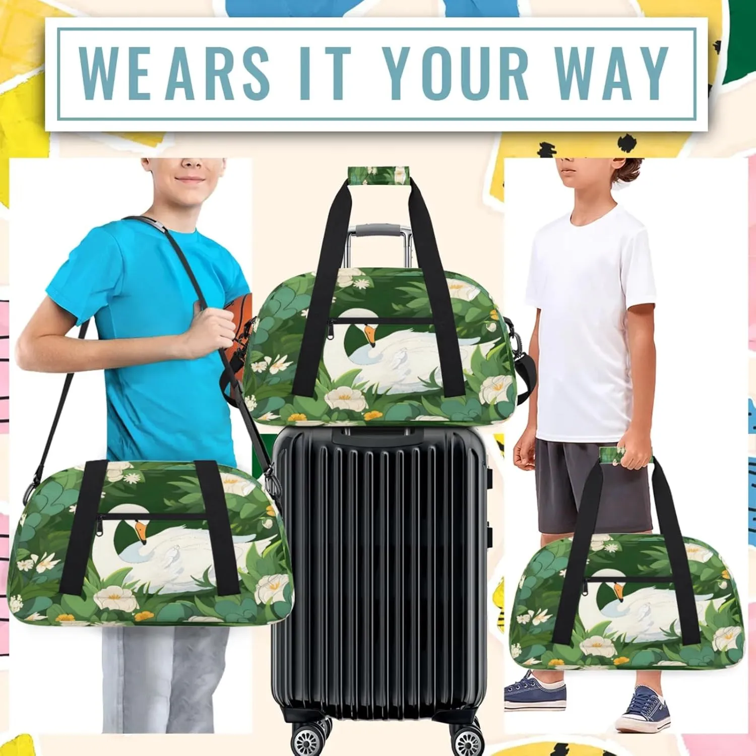 Swan Duck Small Gym Bag 18 inch Carry On Duffel Bag for Weekender Travel Sports Workout Yoga Gymnastics Dance Ballet