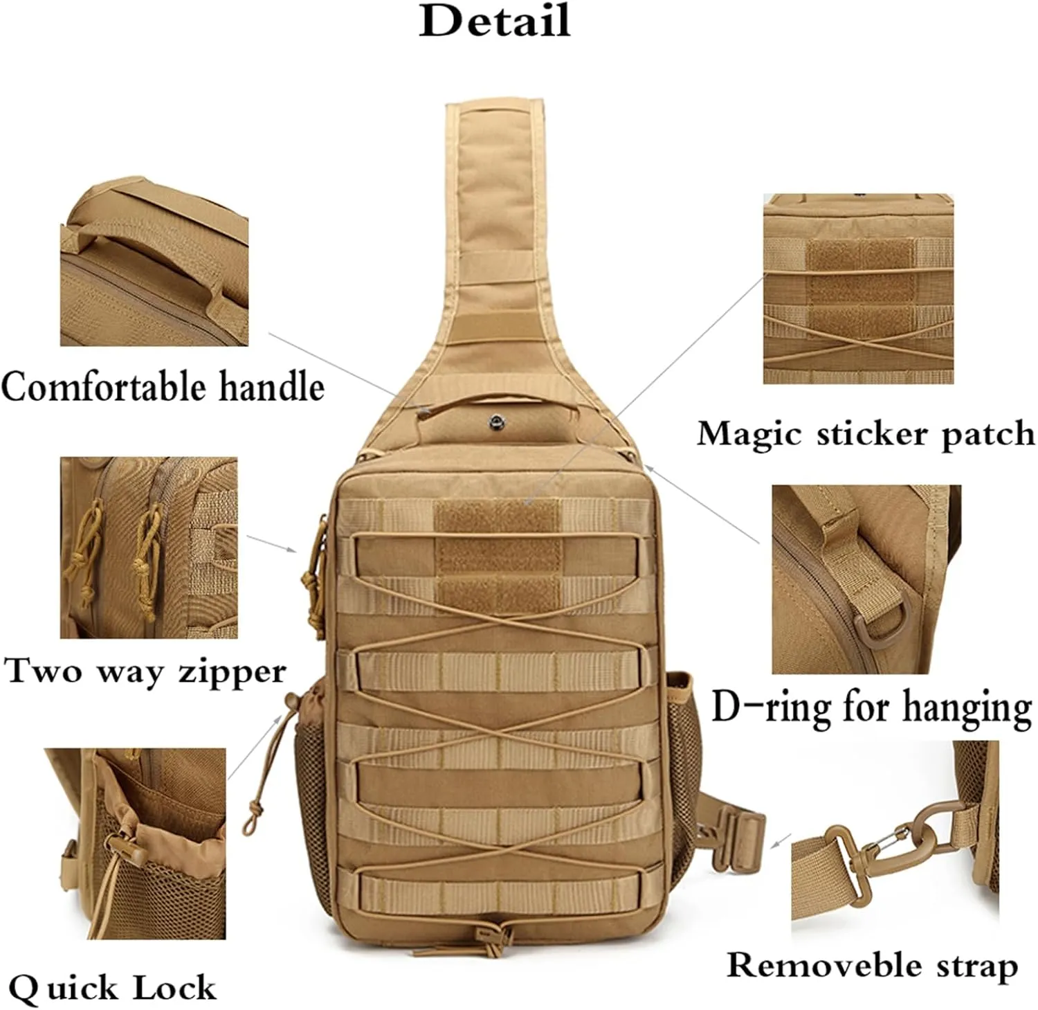 Tactical molle Single Shoulder Bag - Large Capacity Multi-functional Backpack for Daily Using or Hiking, Traveling (Tan), Black