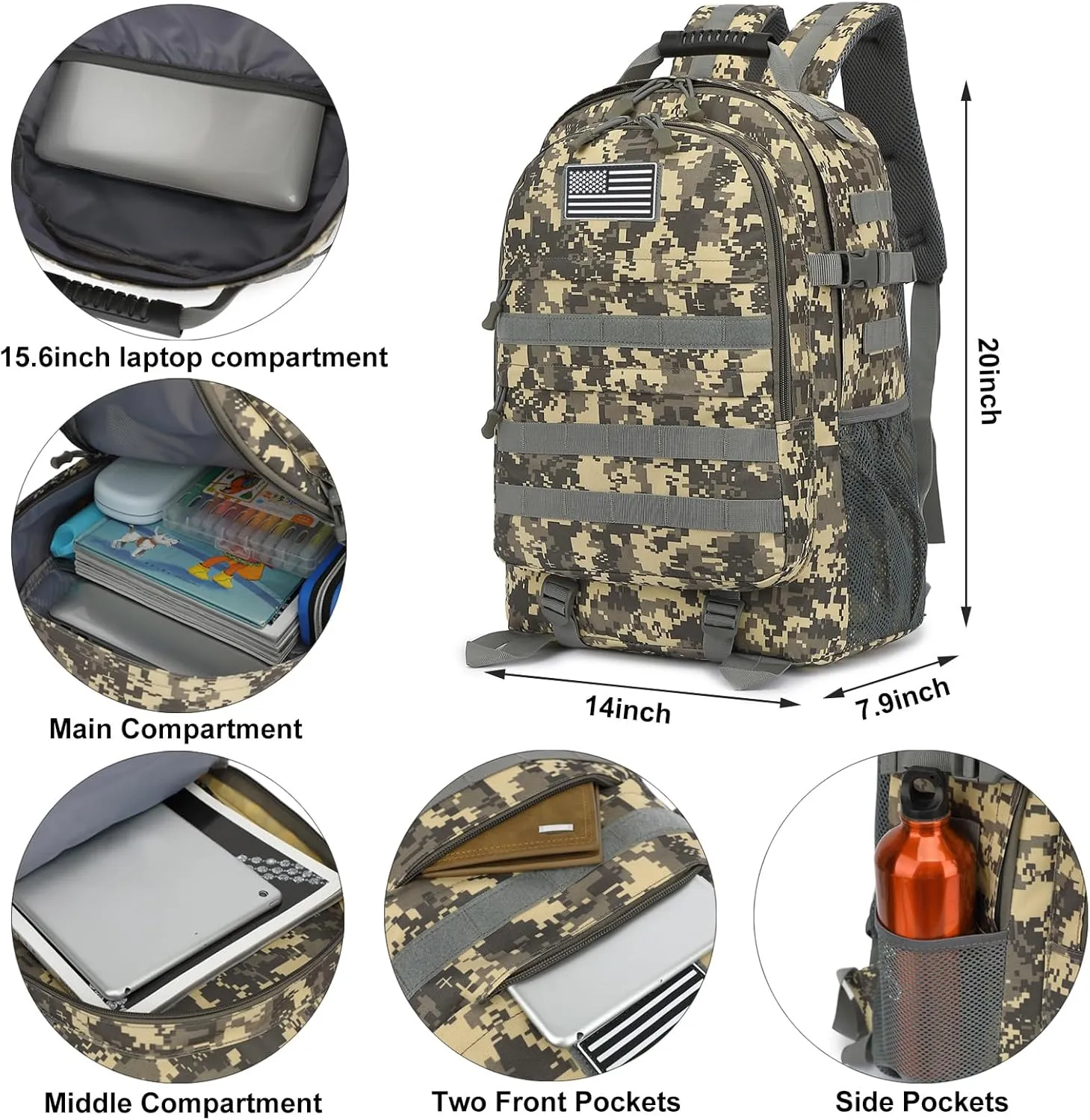 Tactical School Backpack for Boys Men, Military Army Bookbag for Kids Teens Adults Camping Travel Outdoor Hiking (ACU Camo)