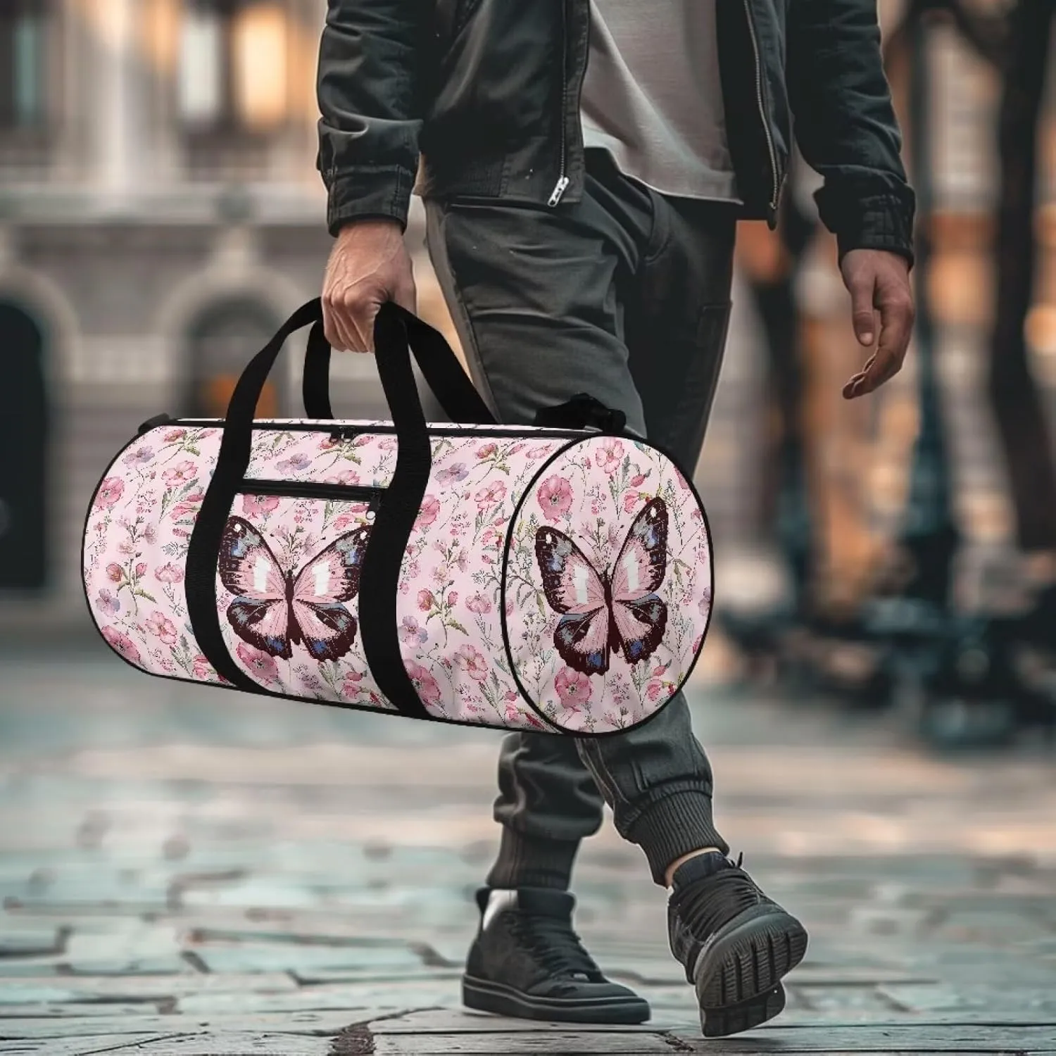 Talayituse Butterfly Flower Print Duffel Bag for Women Collapsible Travel Bag Zipper Workout Duffel Bag Crossbody Bag with Adjustable Shoulder Strap Portable Fitness Tote for Basketball Football