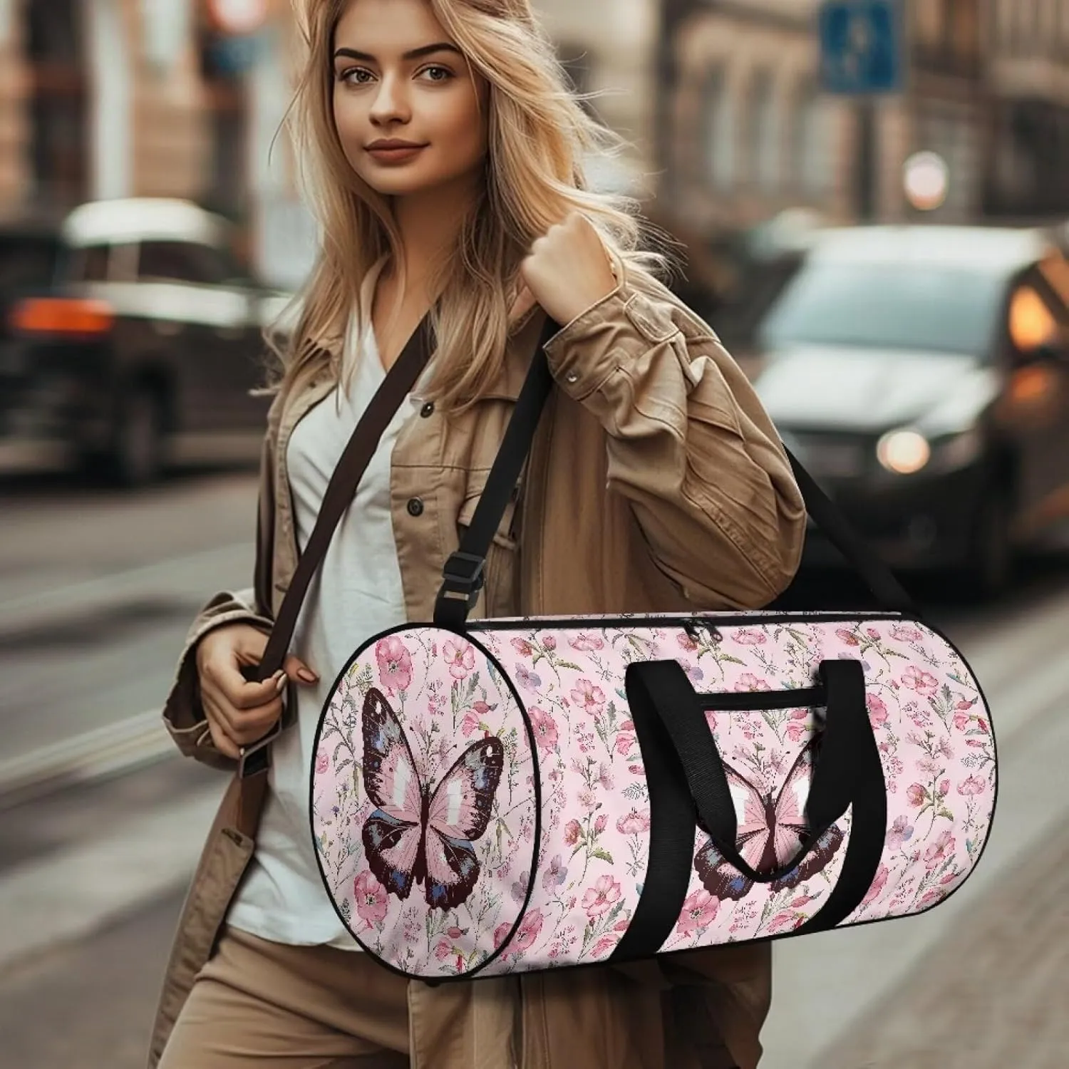 Talayituse Butterfly Flower Print Duffel Bag for Women Collapsible Travel Bag Zipper Workout Duffel Bag Crossbody Bag with Adjustable Shoulder Strap Portable Fitness Tote for Basketball Football