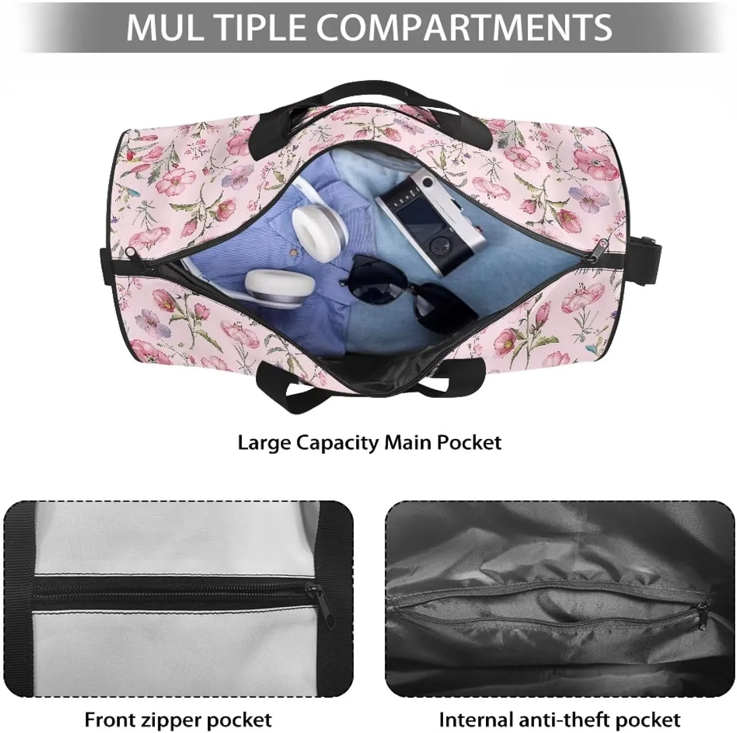 Talayituse Butterfly Flower Print Duffel Bag for Women Collapsible Travel Bag Zipper Workout Duffel Bag Crossbody Bag with Adjustable Shoulder Strap Portable Fitness Tote for Basketball Football