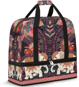 Thai Indian Elephants Peacocks Paisley Flower Foldable Travel Duffel Bag Tote Carry on Luggage Sport Duffle for Women Men Gym Bag Overnight Weekender Bags with Shoe Compartments and Shoulder Strap