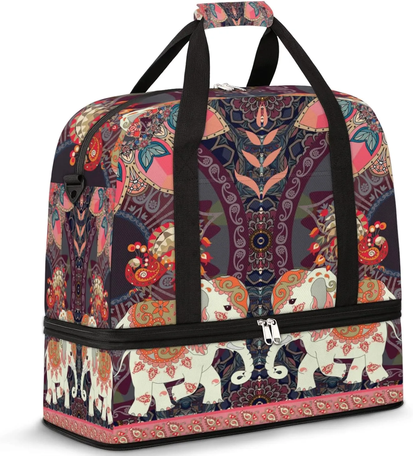 Thai Indian Elephants Peacocks Paisley Flower Foldable Travel Duffel Bag Tote Carry on Luggage Sport Duffle for Women Men Gym Bag Overnight Weekender Bags with Shoe Compartments and Shoulder Strap
