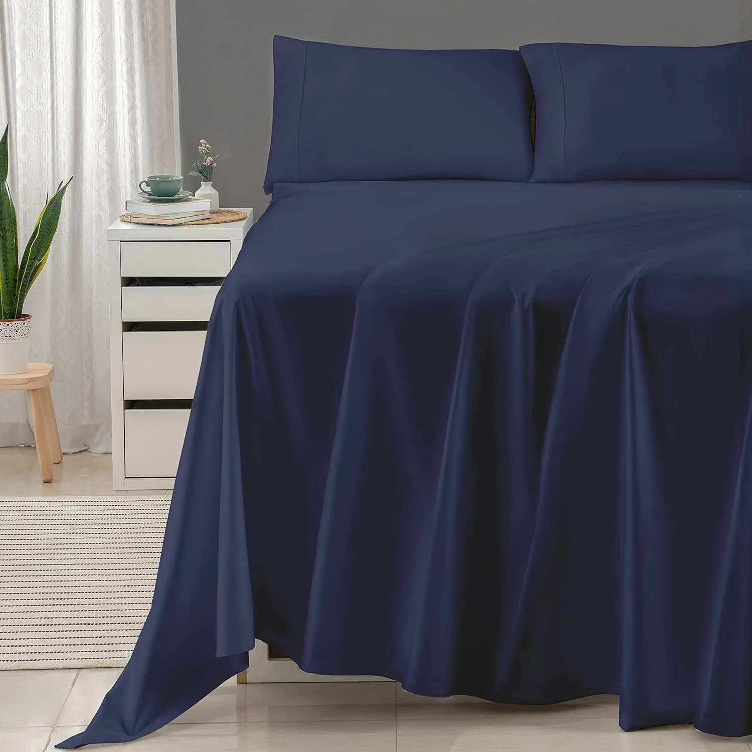 Threadmill 100% Cotton Sheets for Cal King Size Bed - 600 Thread Count Cal King Bed Sheets Set with 16” Deep Pocket - Sateen Weave 4-Piece Bedding Set with Cooling Effect, Folkstone Blue
