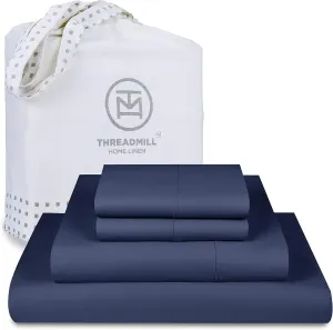 Threadmill 100% Cotton Sheets for Cal King Size Bed - 600 Thread Count Cal King Bed Sheets Set with 16” Deep Pocket - Sateen Weave 4-Piece Bedding Set with Cooling Effect, Folkstone Blue