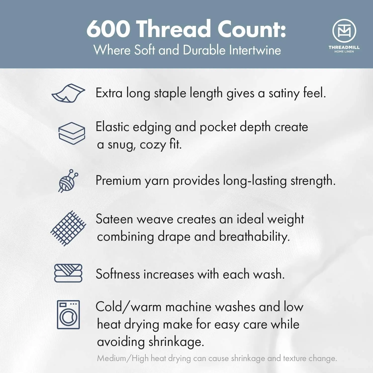 Threadmill 100% Cotton Sheets for Cal King Size Bed - 600 Thread Count Cal King Bed Sheets Set with 16” Deep Pocket - Sateen Weave 4-Piece Bedding Set with Cooling Effect, Folkstone Blue
