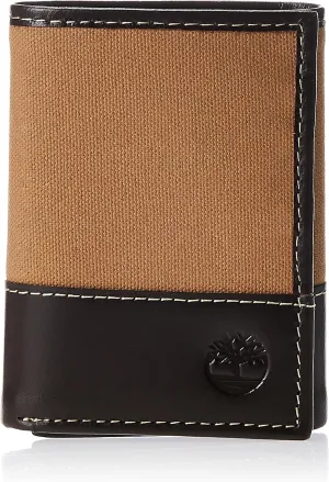 Timberland mens Canvas & Leather Trifold Wallet, Khaki, One Size US