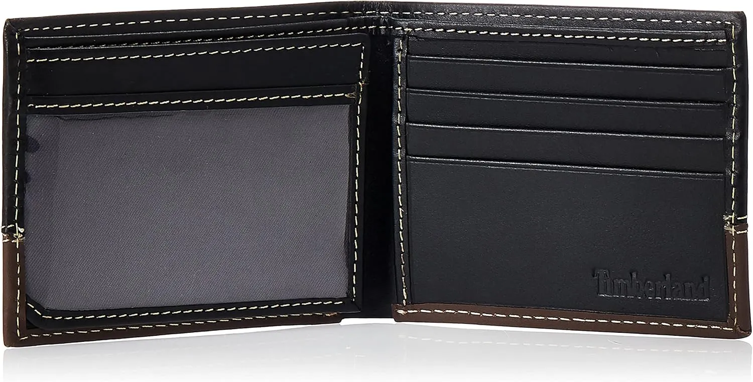 Timberland Men's Leather Passcase Trifold Wallet Hybrid, Black/Cognac, One Size