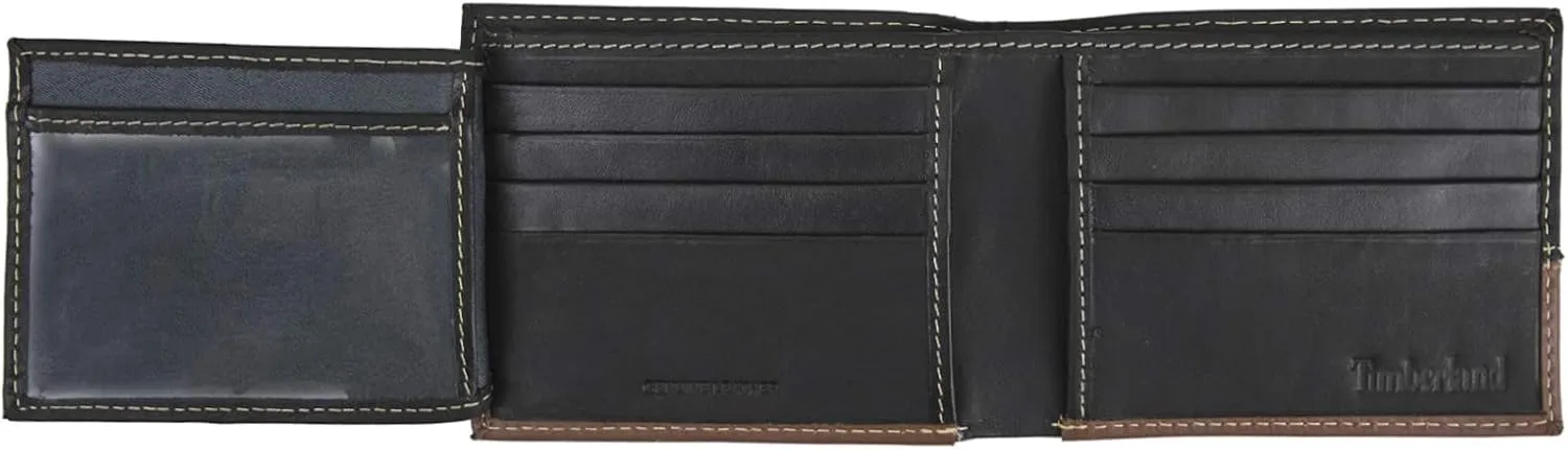 Timberland Men's Leather Passcase Trifold Wallet Hybrid, Black/Cognac, One Size