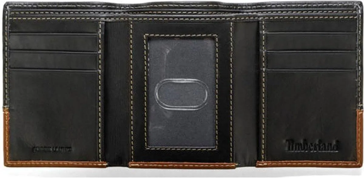 Timberland Men's Leather Trifold Wallet With Id Window, Black/Brown (Hunter), One Size