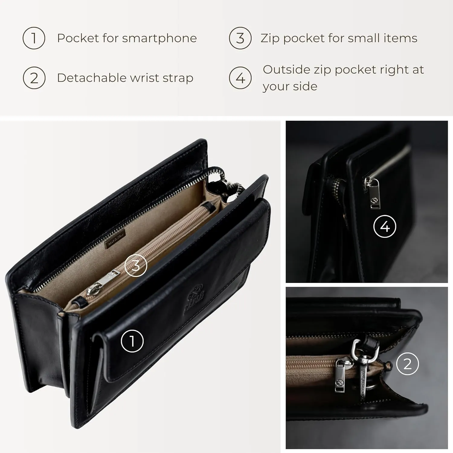 Time Resistance Leather Clutch for Men Organizer Wrist Bag Briefcase Handmade in Italy Gift Box Included