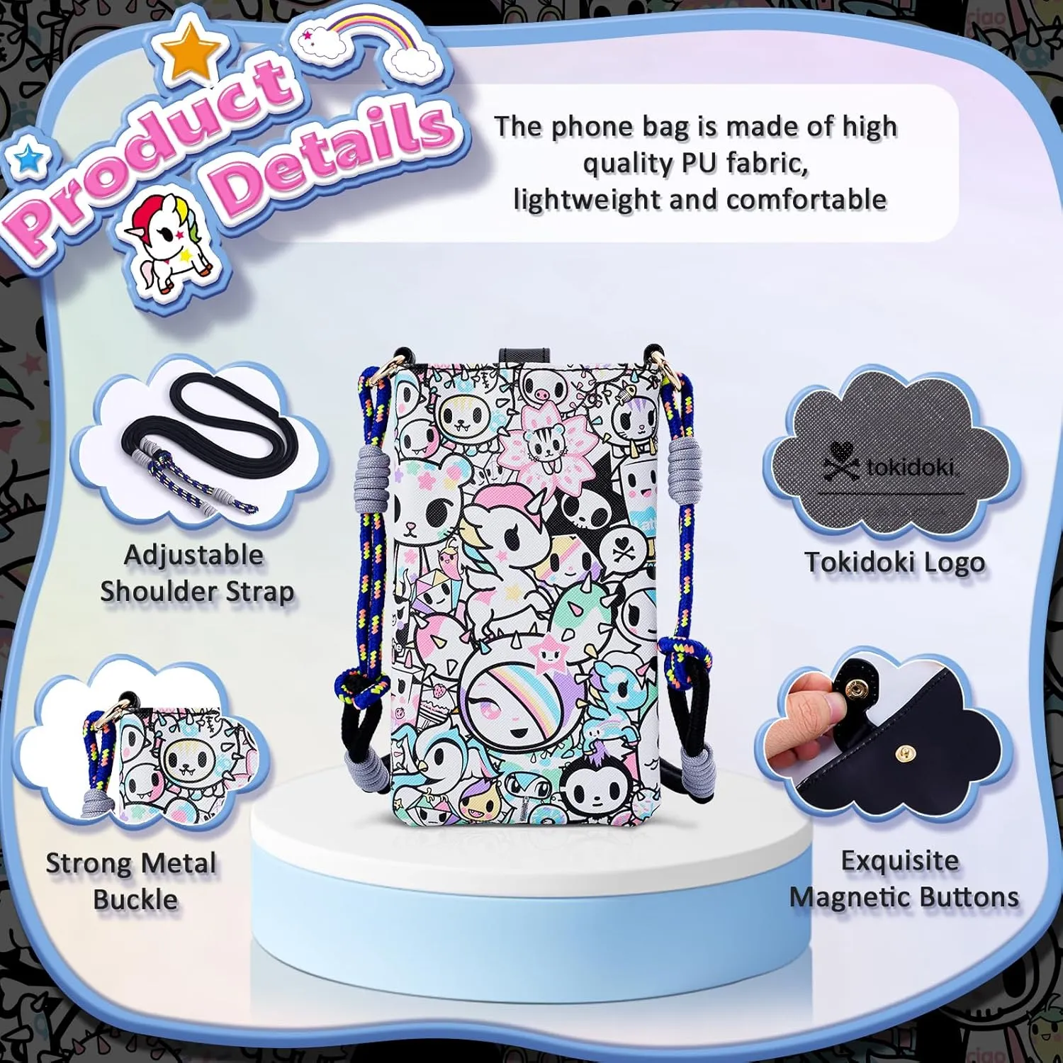 Tokidoki Official Licensed Leather Crossbody Bag with Adjustable Strap Phone Bag Shoulder Bag Coin Purses for Women