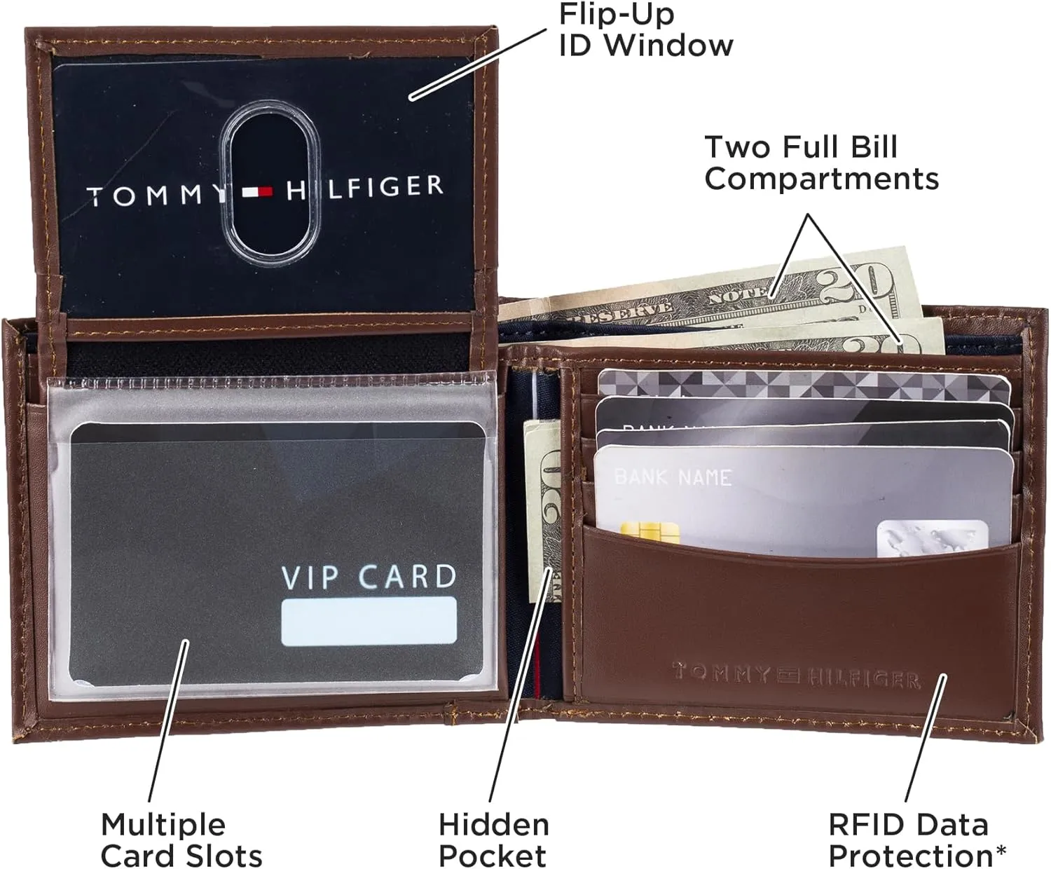 Tommy Hilfiger Men's Leather Wallet – Slim Bifold with 6 Credit Card Pockets and Removable ID Window