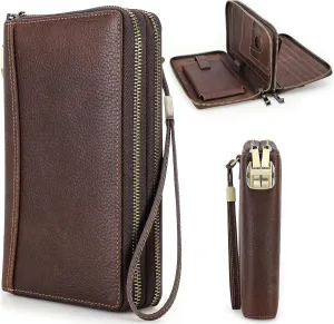Top Grain Genuine Leather Zipper Clutch Wristlet Wallet for Man & Woman, Handmade, Multi Slots & Pockets & Combination Lock, RFID Large Capacity for Cards/Checks/Passports/Phone/Pen/AirTag, Red Coffee