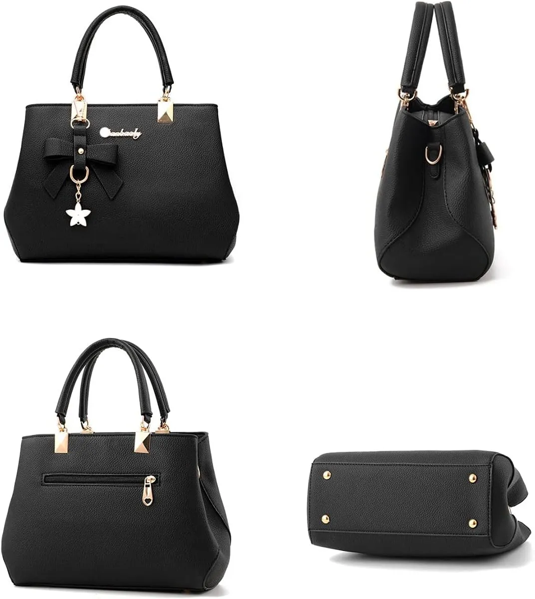 Top-handle Handbags Purse for Women Small Satchel PU Leather Shoulder Crossbody Bag with Bowtie Pendant