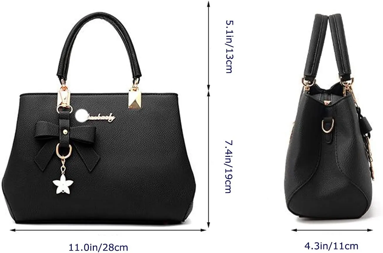 Top-handle Handbags Purse for Women Small Satchel PU Leather Shoulder Crossbody Bag with Bowtie Pendant