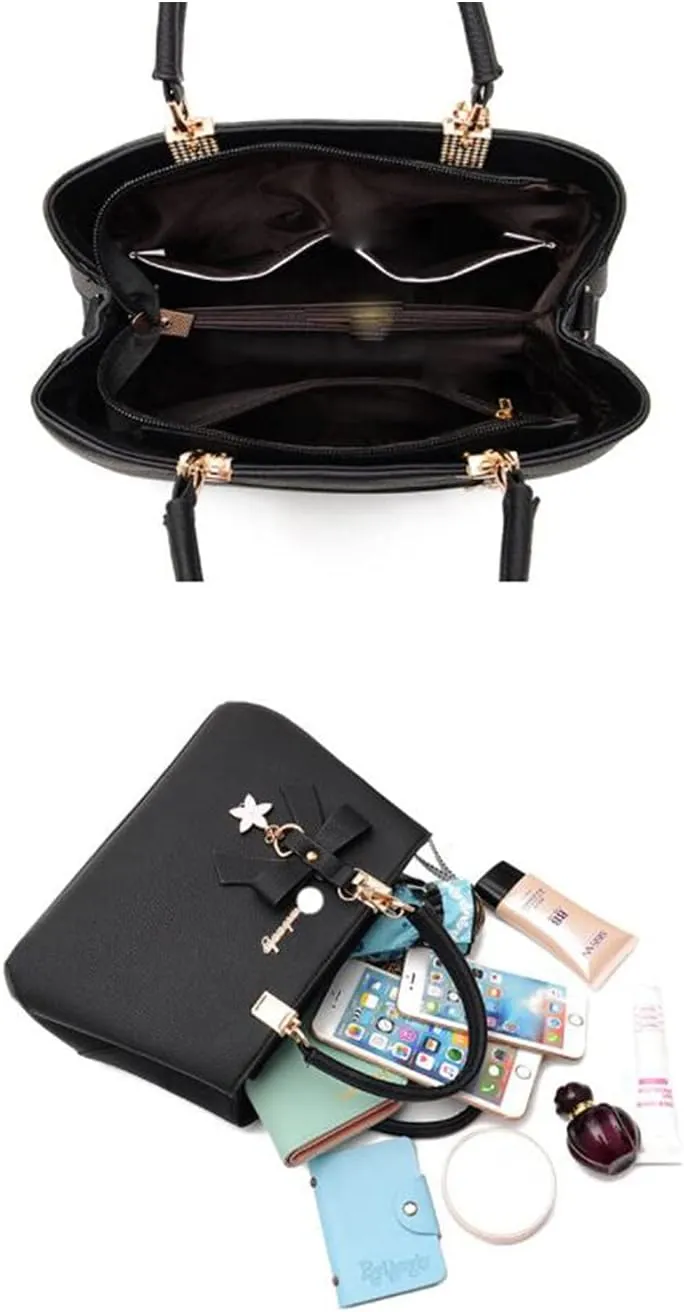 Top-handle Handbags Purse for Women Small Satchel PU Leather Shoulder Crossbody Bag with Bowtie Pendant