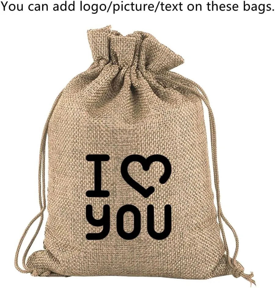 TopTie Custom 50 PCS Burlap Gift Wrap Bags with Logo, Print Drawstring Jewelry Pouches 5"x7" Party Favor Bags
