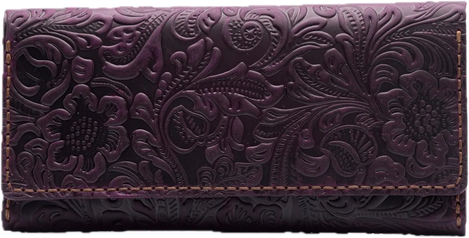 Toros Craft Handmade Western Wallets for Women, Genuine Tooled Leather & Long Credit Card Holder, Cowhide Slim Cell Phone Case, Large Capacity, Cute Clutch & Purse & Handbag