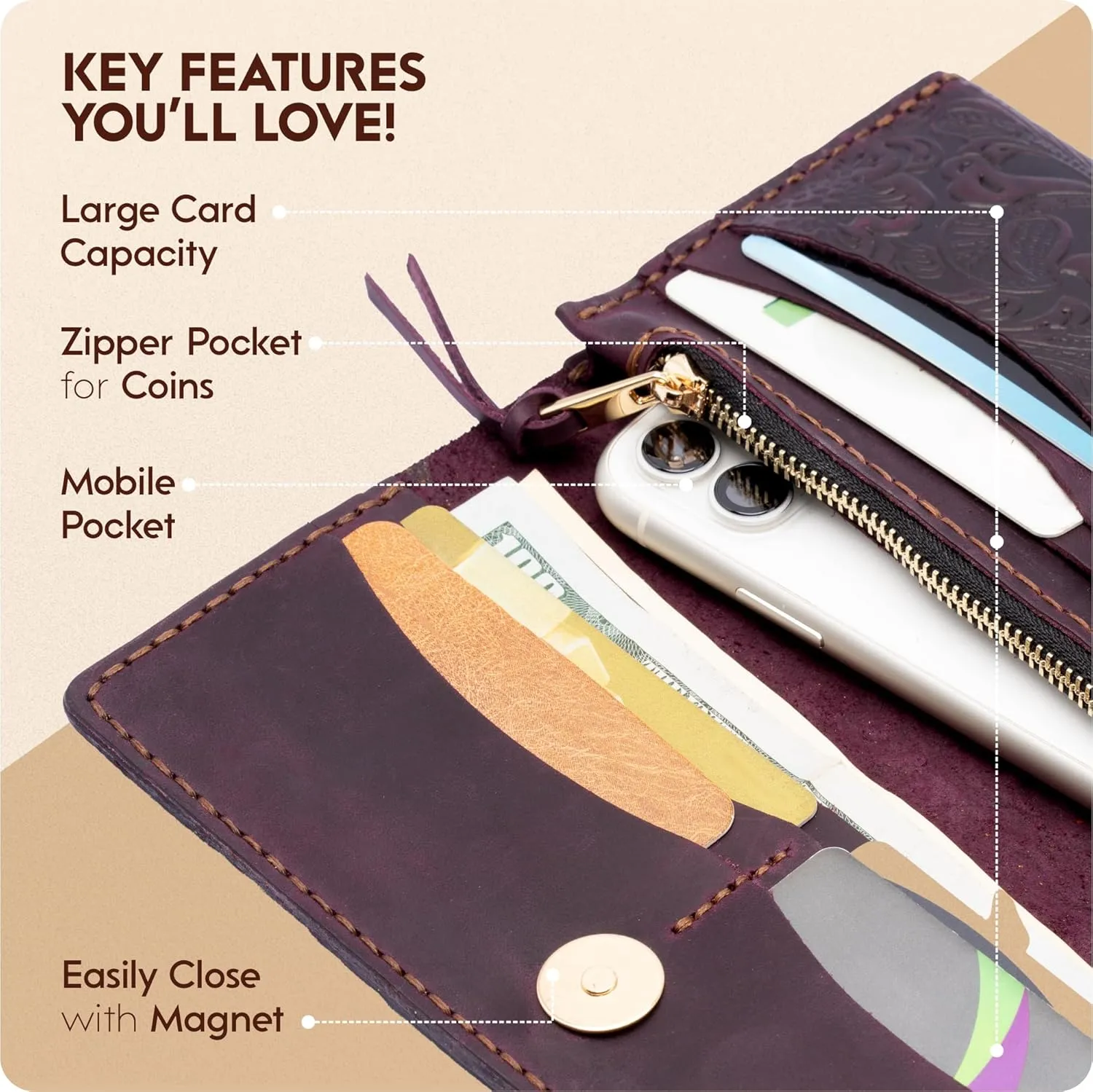 Toros Craft Handmade Western Wallets for Women, Genuine Tooled Leather & Long Credit Card Holder, Cowhide Slim Cell Phone Case, Large Capacity, Cute Clutch & Purse & Handbag