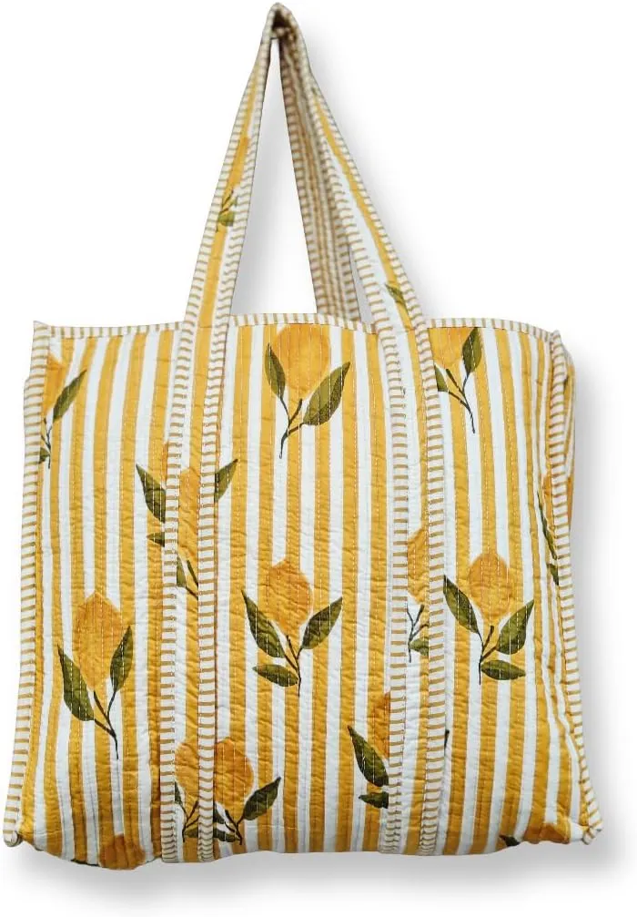 Tote Bag For Women, Shoulder Purse with Inner Pocket, Quilted Cotton Handprinted Reversible Large Multicolor Tote Bag