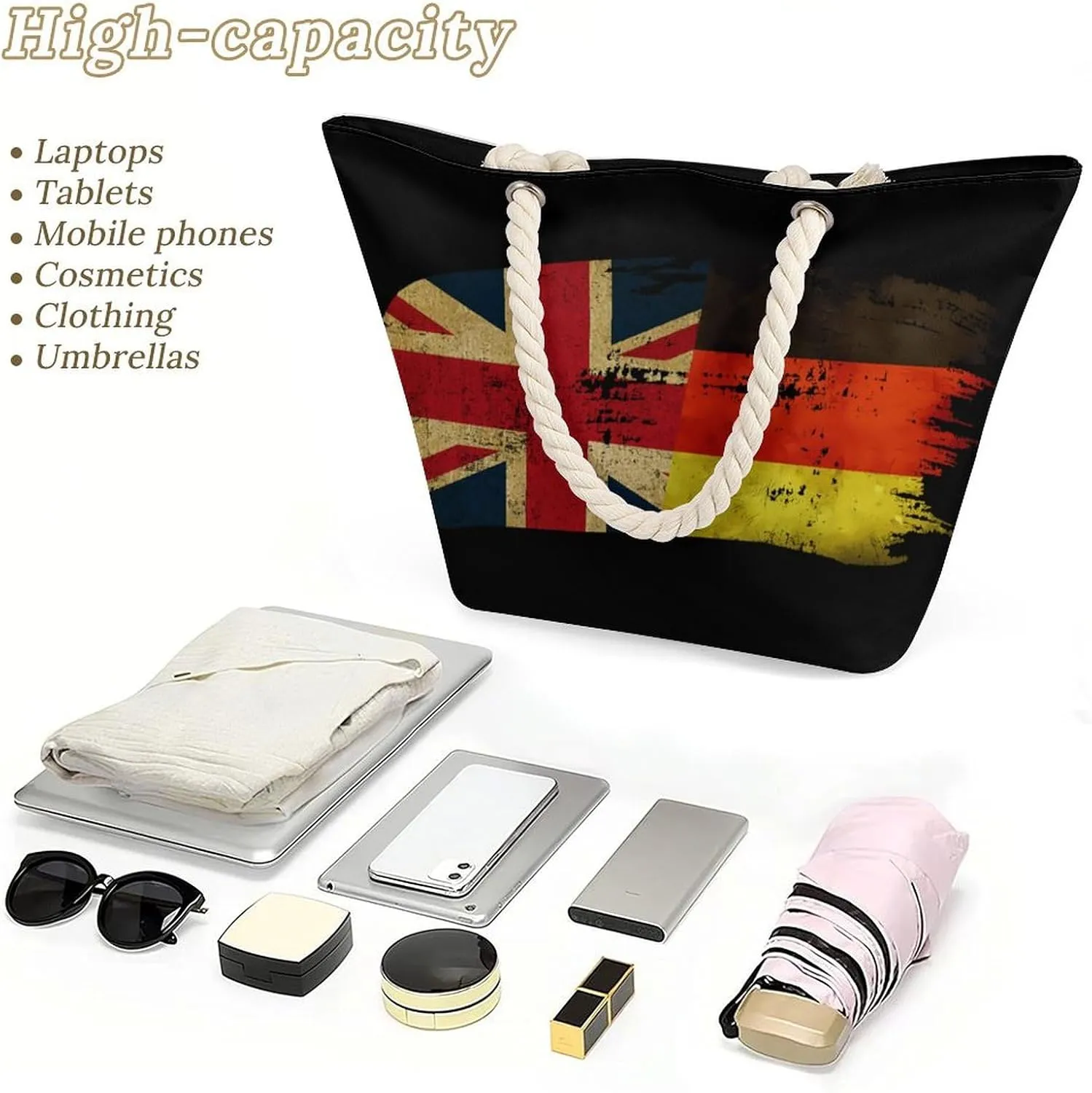 Tote Bag Large Handles Beach Bag with Zipper for Shopping Groceries Travel Outdoors Swim Pool Bag