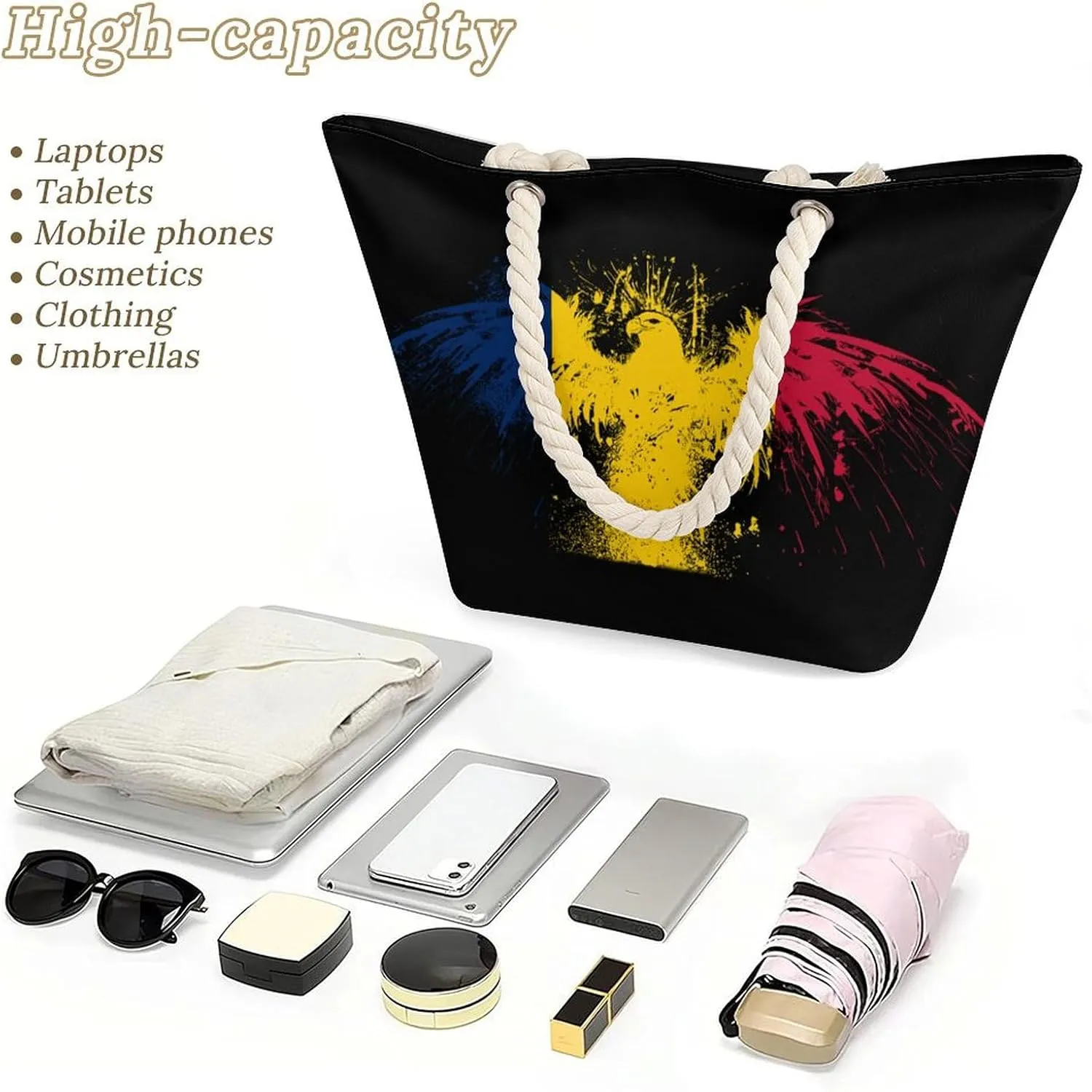 Tote Bag Large Handles Beach Bag with Zipper for Shopping Groceries Travel Outdoors Swim Pool Bag