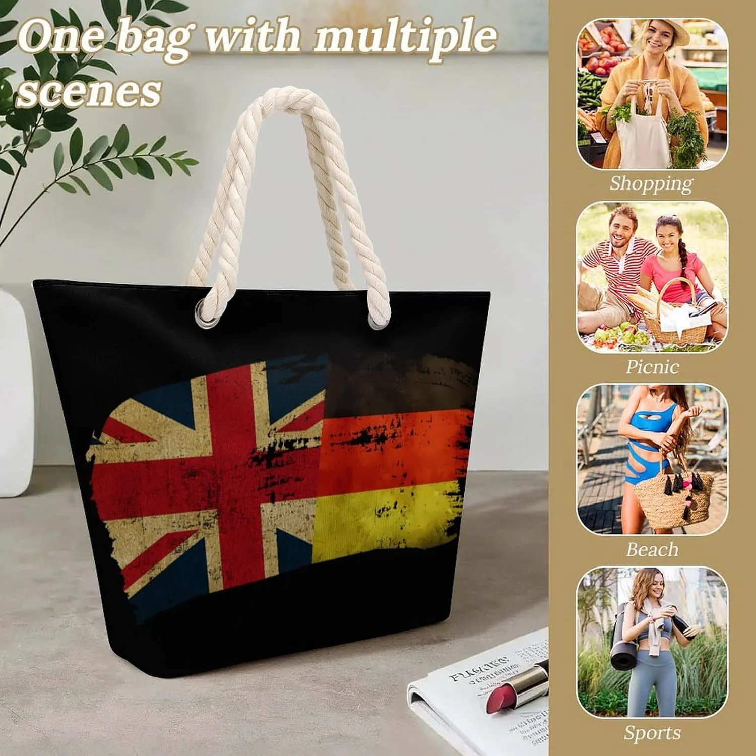 Tote Bag Large Handles Beach Bag with Zipper for Shopping Groceries Travel Outdoors Swim Pool Bag