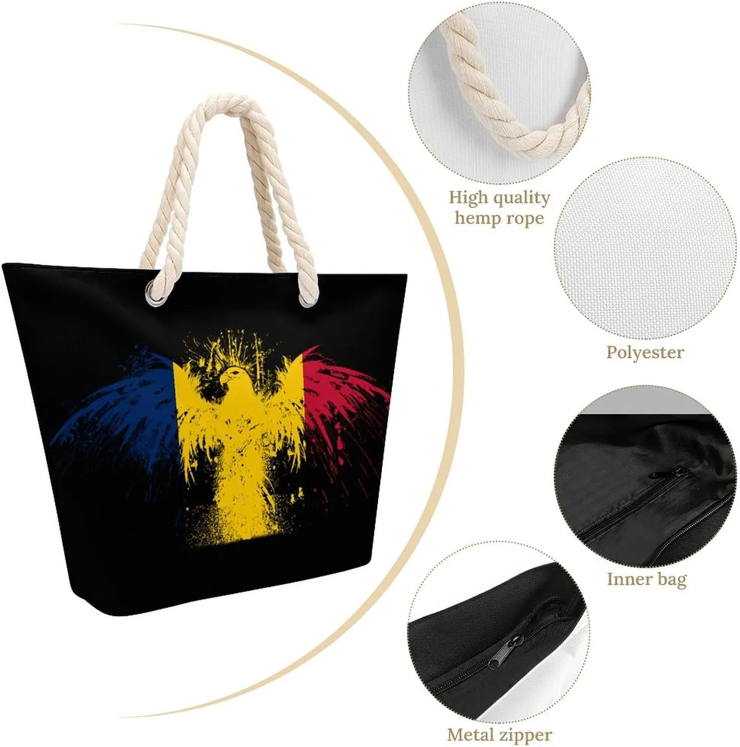 Tote Bag Large Handles Beach Bag with Zipper for Shopping Groceries Travel Outdoors Swim Pool Bag