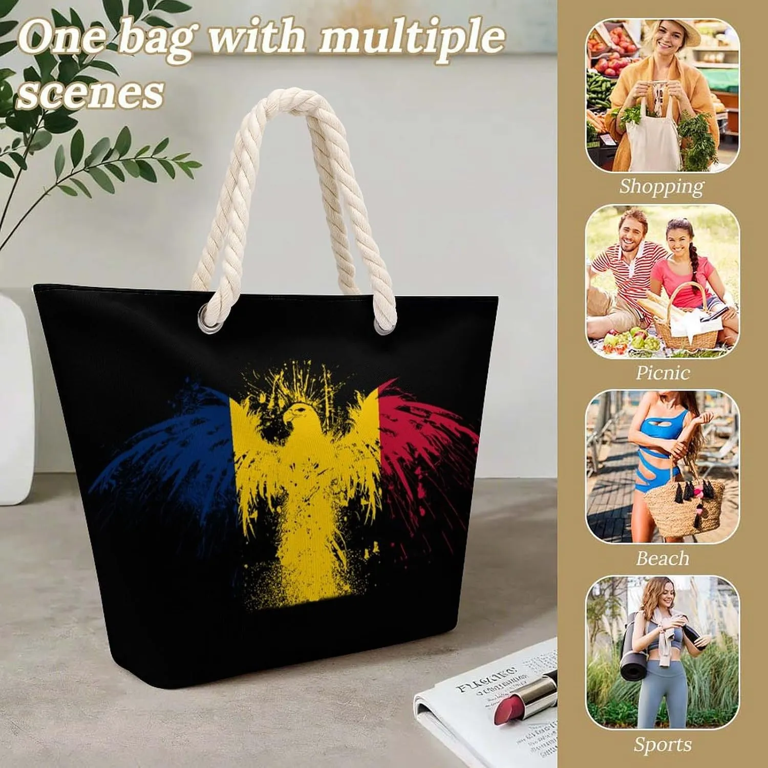 Tote Bag Large Handles Beach Bag with Zipper for Shopping Groceries Travel Outdoors Swim Pool Bag