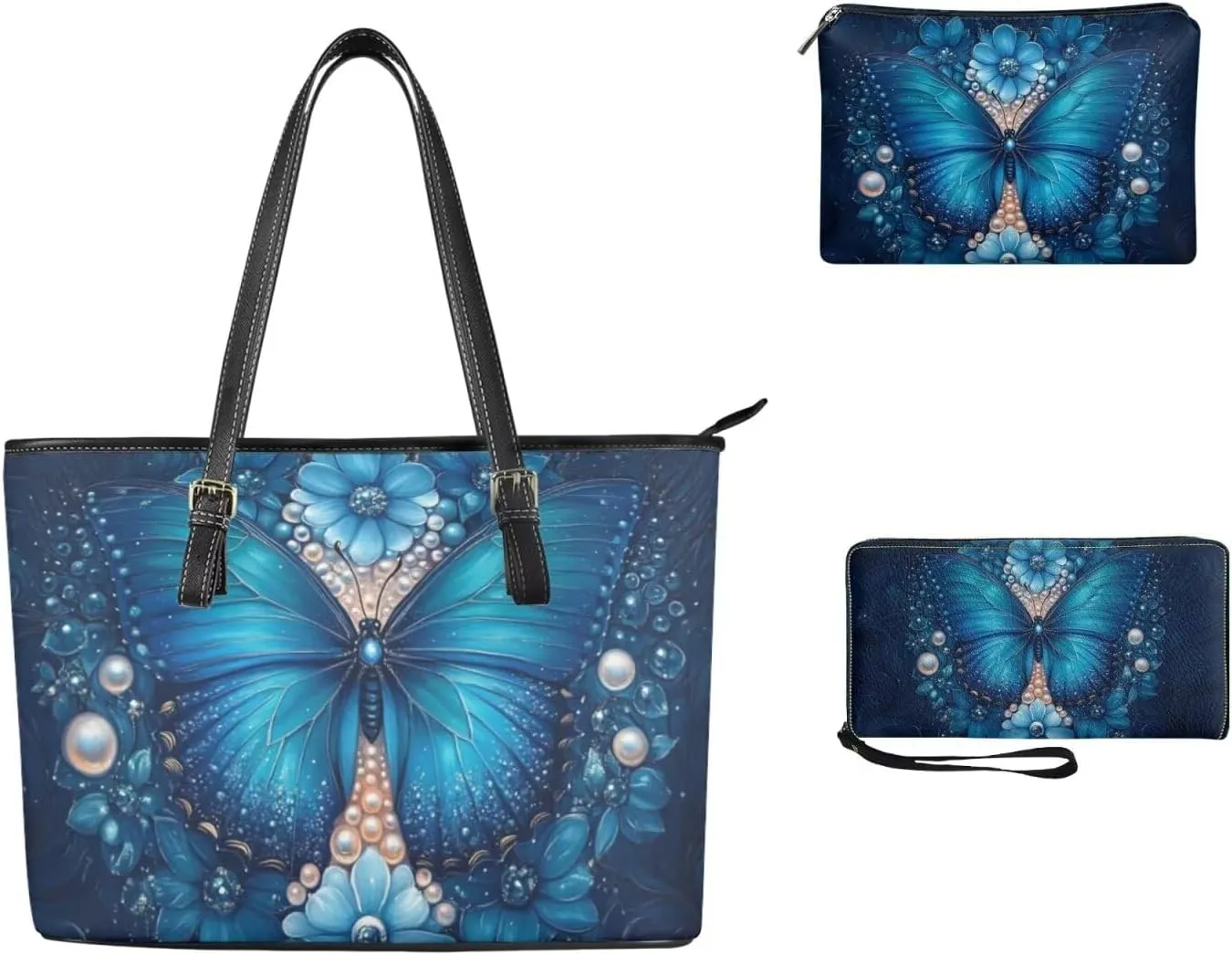 Tote Bag with Zipper Womens Leathe Handbags and Clutch Wallet Set Fashion Daypack