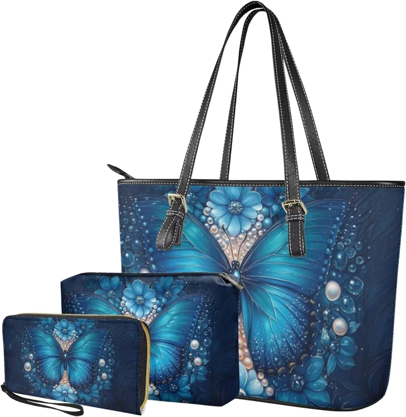 Tote Bag with Zipper Womens Leathe Handbags and Clutch Wallet Set Fashion Daypack