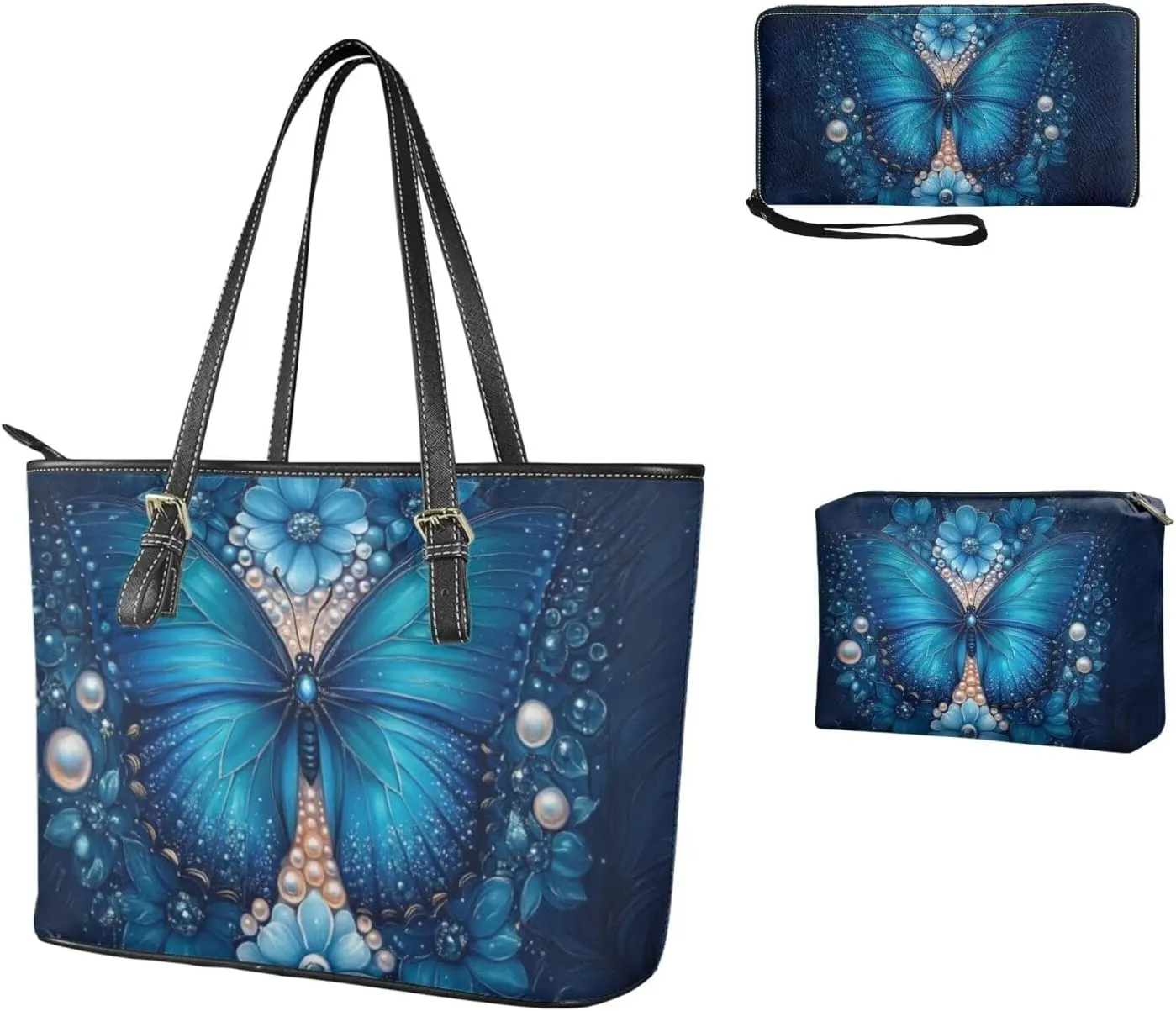 Tote Bag with Zipper Womens Leathe Handbags and Clutch Wallet Set Fashion Daypack