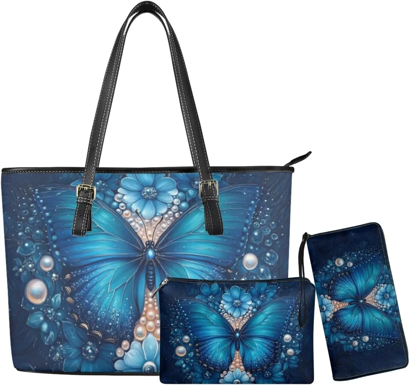 Tote Bag with Zipper Womens Leathe Handbags and Clutch Wallet Set Fashion Daypack