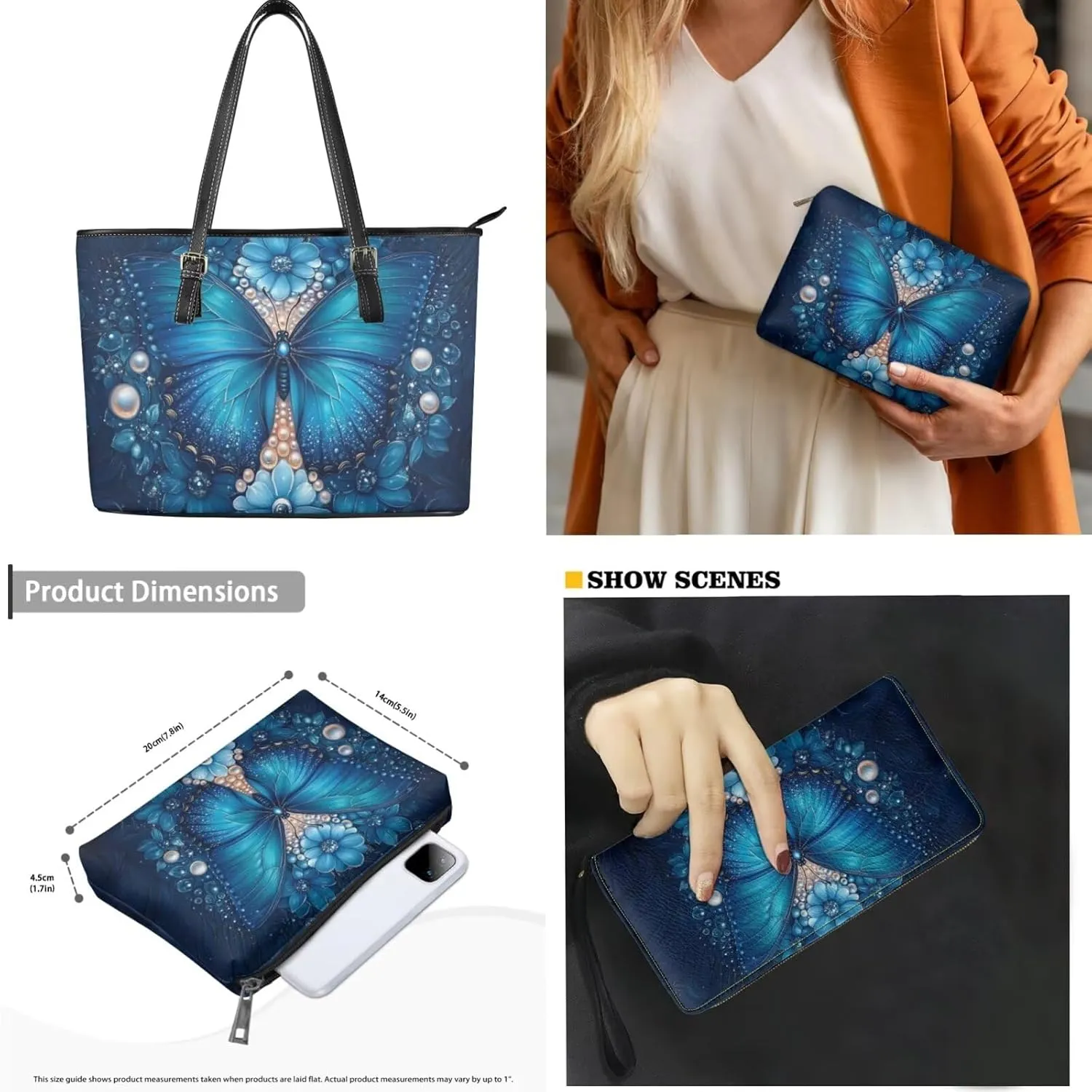 Tote Bag with Zipper Womens Leathe Handbags and Clutch Wallet Set Fashion Daypack