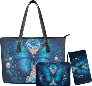 Tote Bag with Zipper Womens Leathe Handbags and Clutch Wallet Set Fashion Daypack