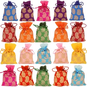 Touchstone Drawstring Bags Traditional Indian Handcrafted in Paisley Pattern Brocade fabric. Perfect for Gifts Jewelry Weddings Sweet Distribution Set of 20 Vibrant Multicolor Pouches Purses Potli