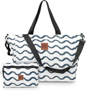 Travel beach bag, fabric folding outdoor large capacity handbag, holiday beach beach handbag (Blue streak)