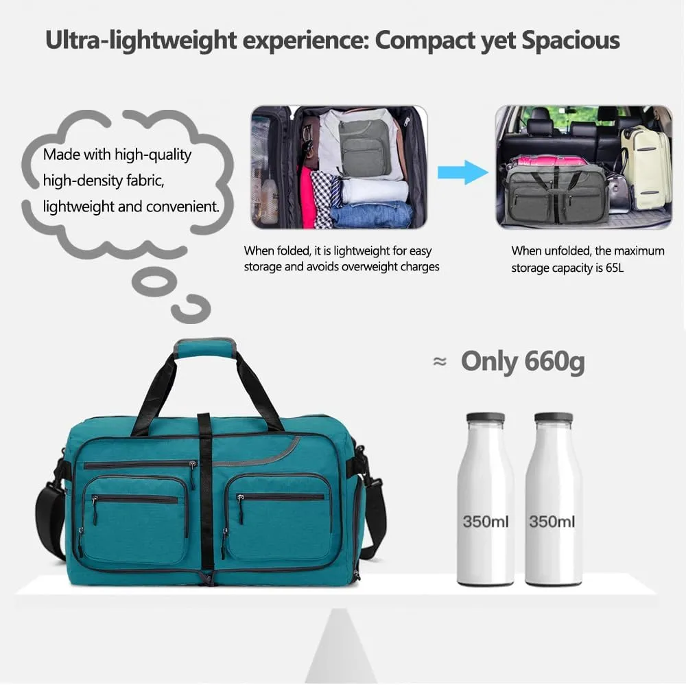 Travel Duffel Bag, 65L Foldable Travel Duffle Bag with Shoes Compartment and wet pocket, Waterproof & Tear Resistant (A8-Green, 65L)
