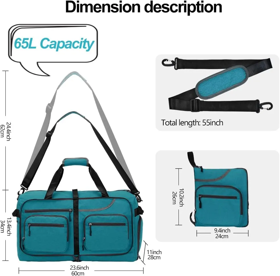 Travel Duffel Bag, 65L Foldable Travel Duffle Bag with Shoes Compartment and wet pocket, Waterproof & Tear Resistant (A8-Green, 65L)